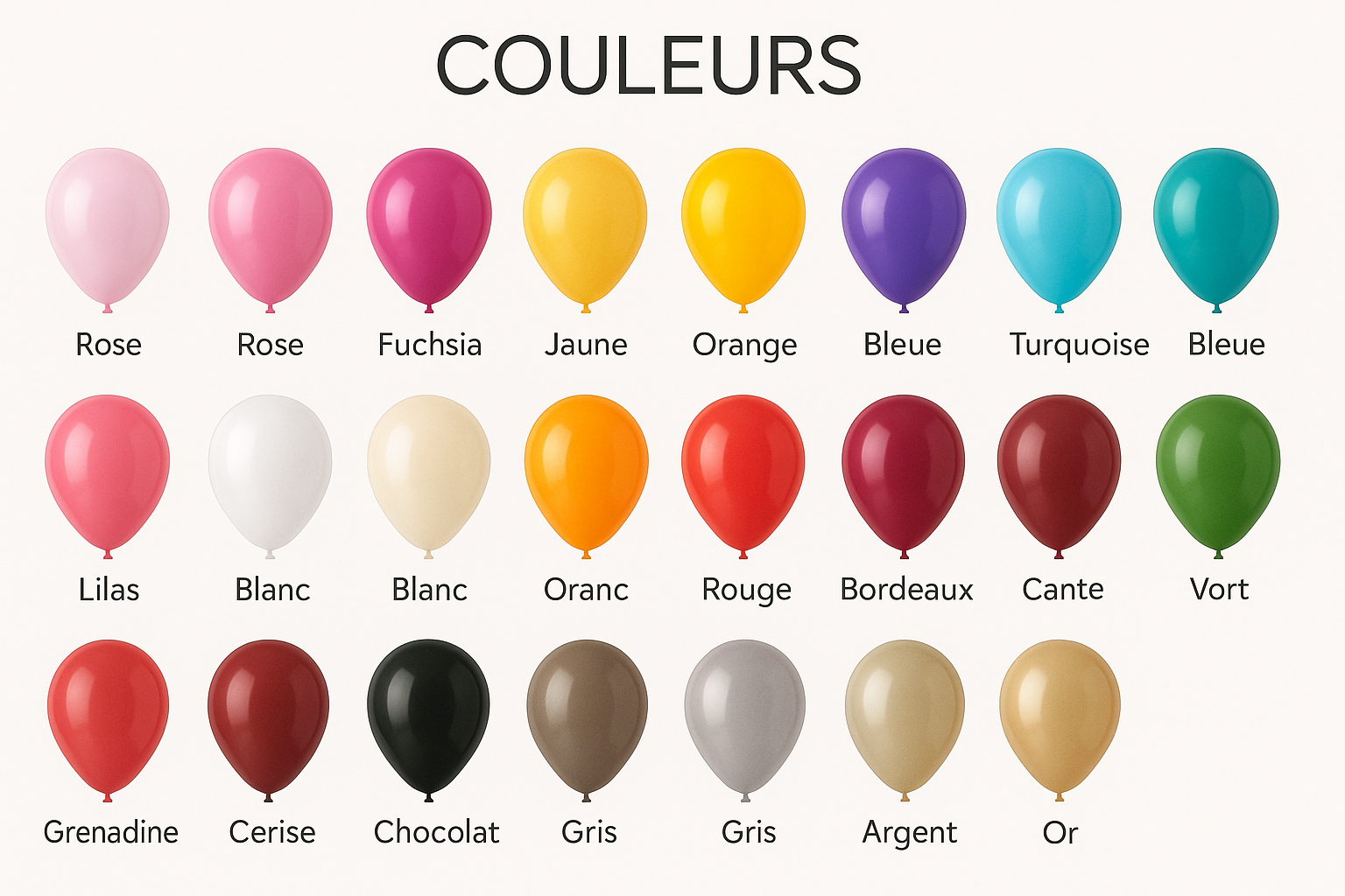 Couleur ballons disponibles chez Evasion Communication